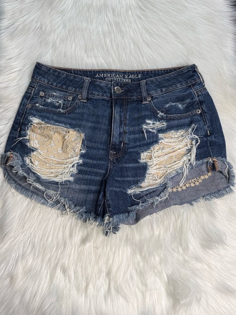 American Eagle Lace Pockets High Rise Festival Denim Cut Offs